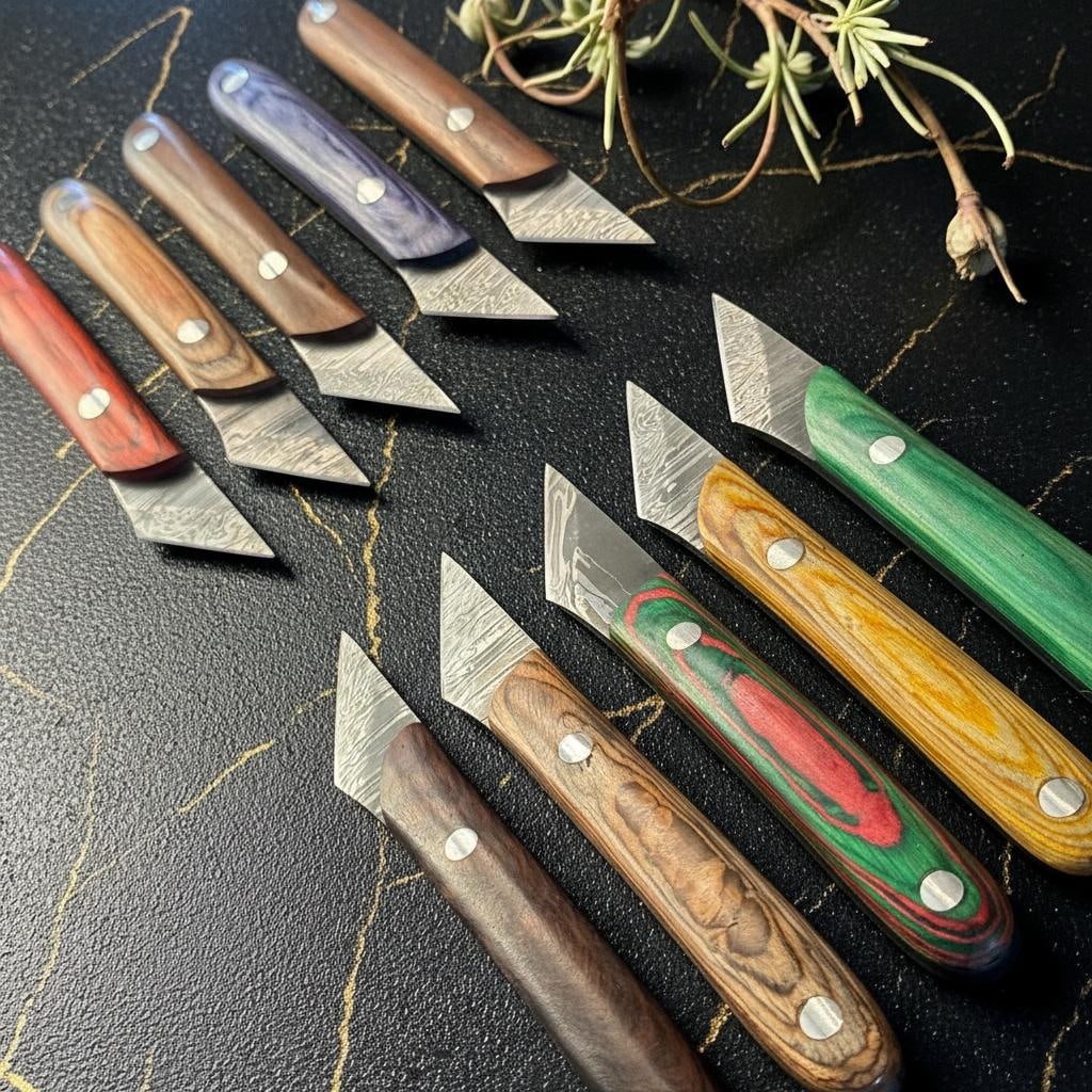 Lot of 10 Hand Forged Kiridashi Knives, Damascus Steel Blade, Pakka Wood Handle - 5