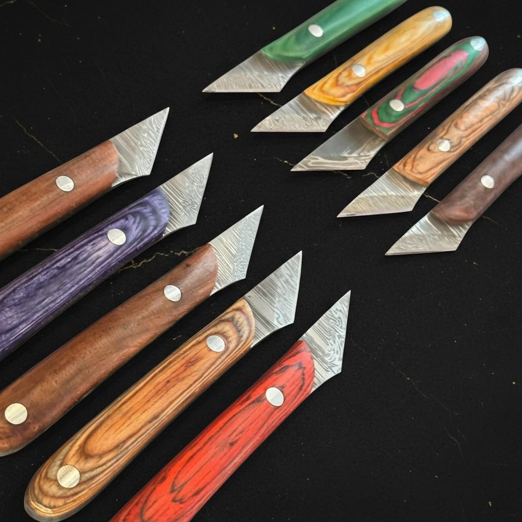 Lot of 10 Hand Forged Kiridashi Knives, Damascus Steel Blade, Pakka Wood Handle - 6