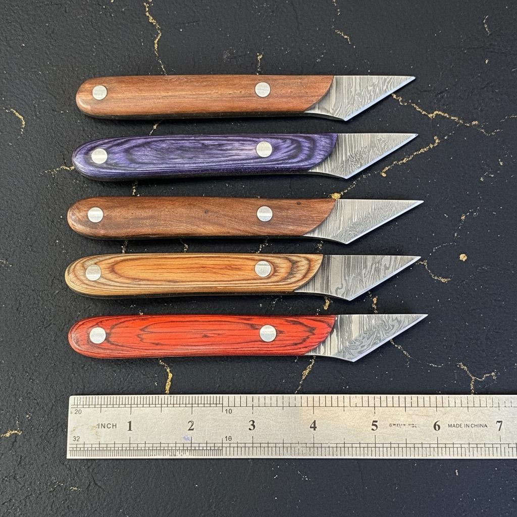 Lot of 10 Hand Forged Kiridashi Knives, Damascus Steel Blade, Pakka Wood Handle - 7