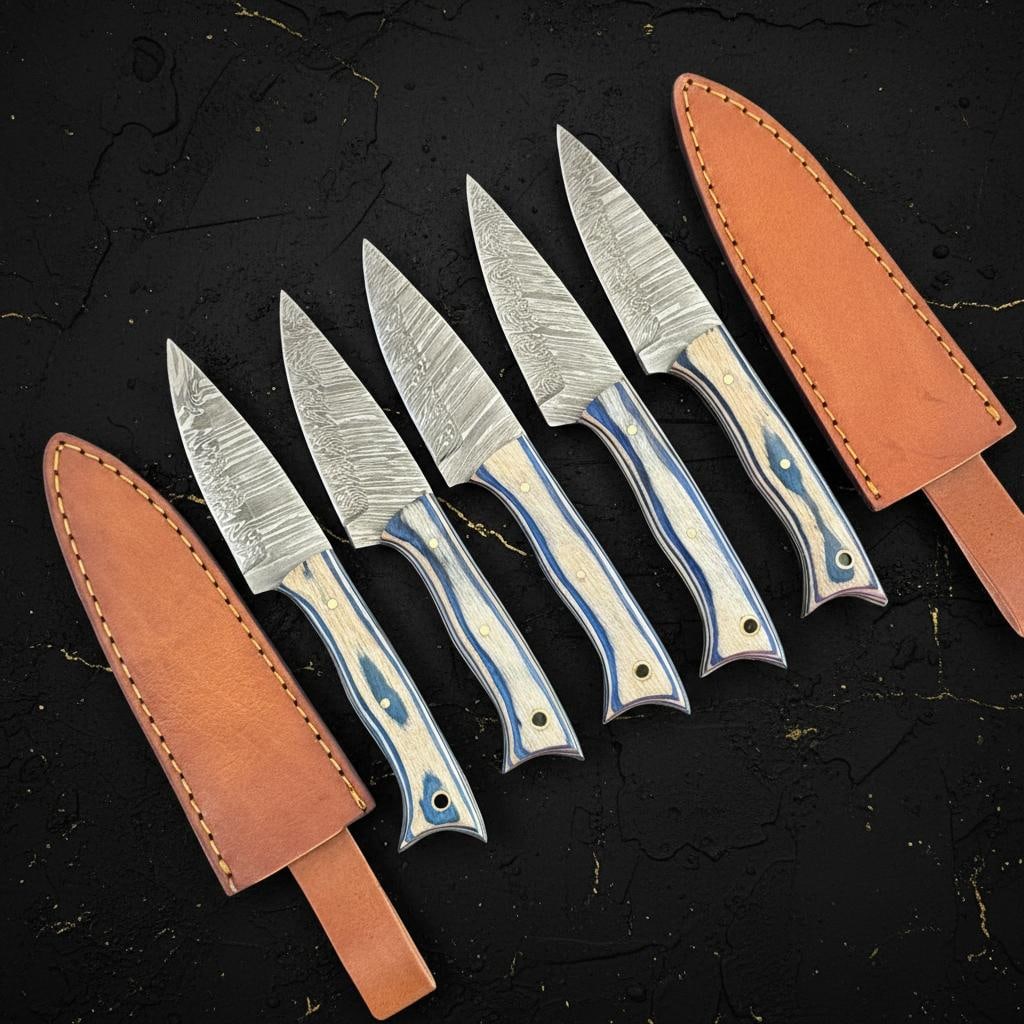 Handcrafted Damascus Steel Steak Knife Set of 5, Full Tang with Pakka Wood Handles (1 of 6)
