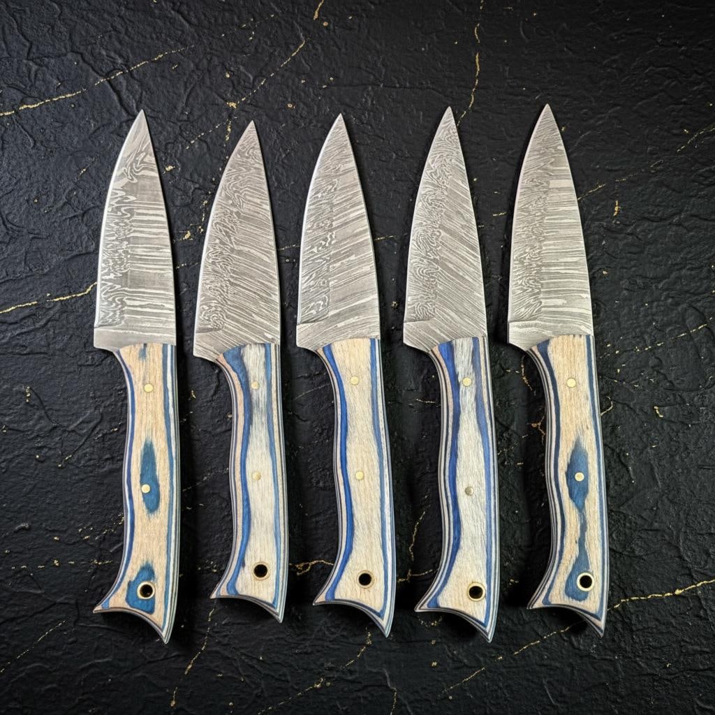 Handcrafted Damascus Steel Steak Knife Set of 5, Full Tang with Pakka Wood Handles - 4