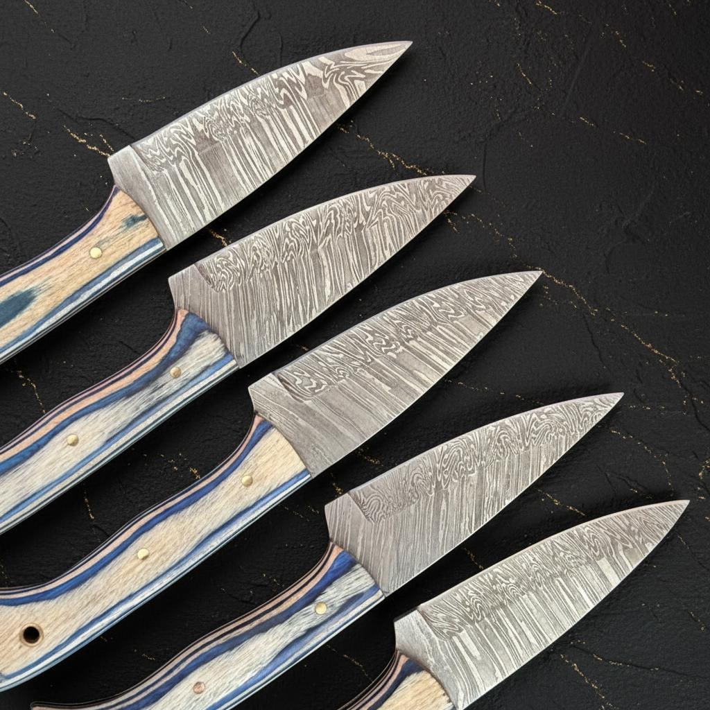 Handcrafted Damascus Steel Steak Knife Set of 5, Full Tang with Pakka Wood Handles - 5