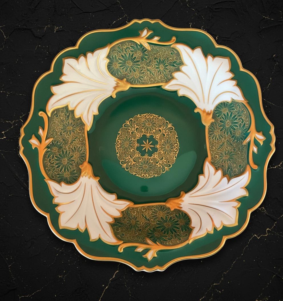 Antique Weimar Jutta Pattern Pedestal Stand, Green & Gold Floral Porcelain Plate - 4