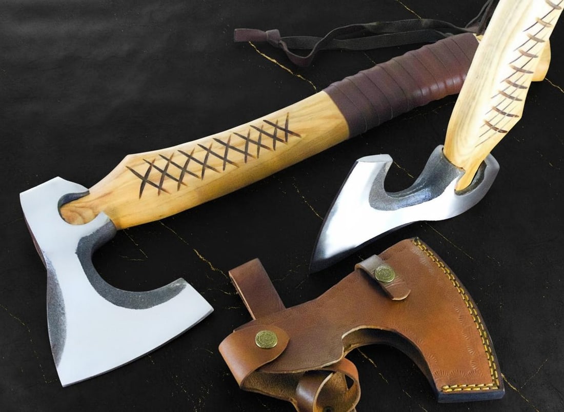 19" Hand Forged Carbon Steel Bearded Viking Axe Throwing Hatchet with Leather Sheath - 2