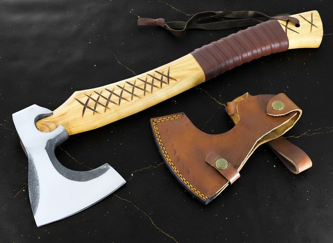 19" Hand Forged Carbon Steel Bearded Viking Axe Throwing Hatchet with Leather Sheath - 3