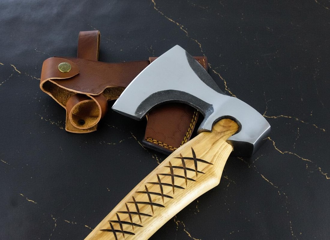 19" Hand Forged Carbon Steel Bearded Viking Axe Throwing Hatchet with Leather Sheath - 5