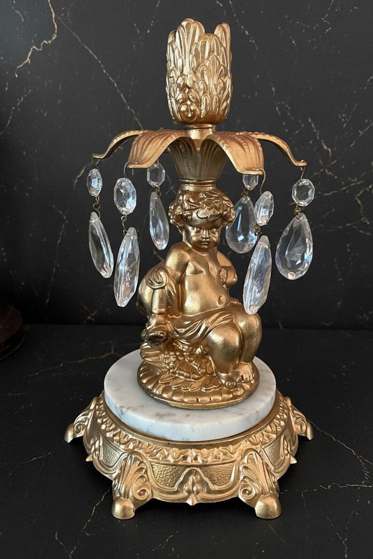 Hollywood Regency Cherub 3 Piece Set L&L WMC Gold Crystal Pedestal Bowl & Candle Holders - 2