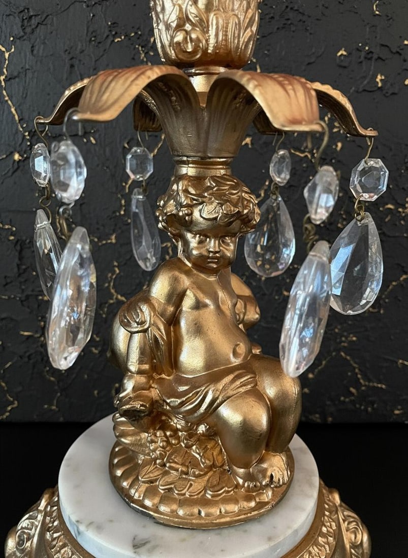 Hollywood Regency Cherub 3 Piece Set L&L WMC Gold Crystal Pedestal Bowl & Candle Holders - 3