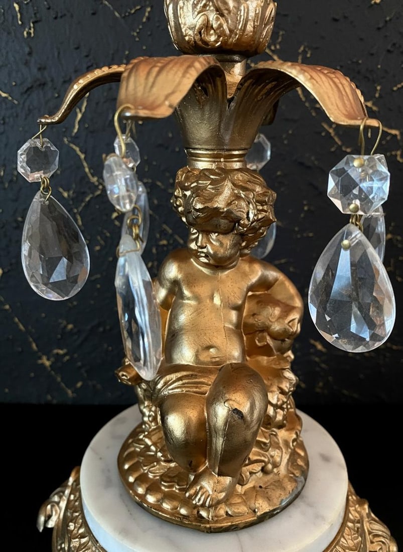 Hollywood Regency Cherub 3 Piece Set L&L WMC Gold Crystal Pedestal Bowl & Candle Holders - 7