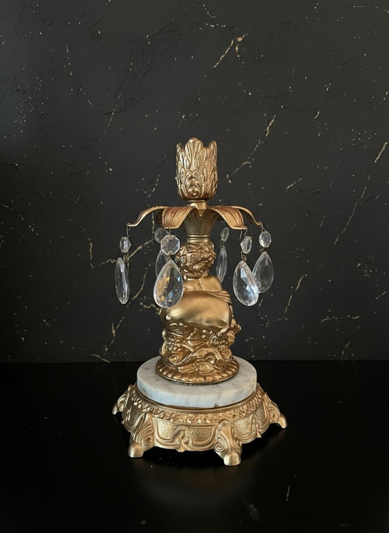 Hollywood Regency Cherub 3 Piece Set L&L WMC Gold Crystal Pedestal Bowl & Candle Holders - 8