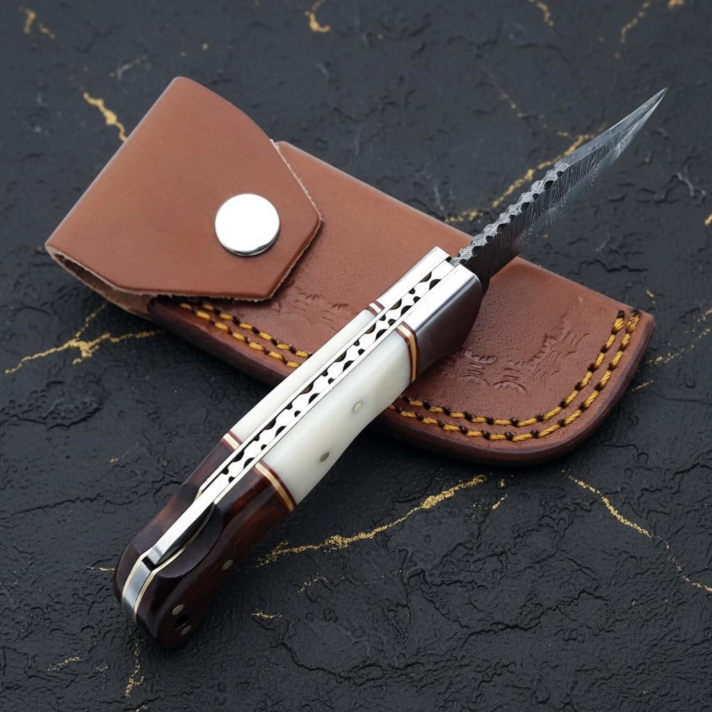 Hand Forged Damascus Steel Pocket Knife with White Bone Handle & Brass Filework - 4