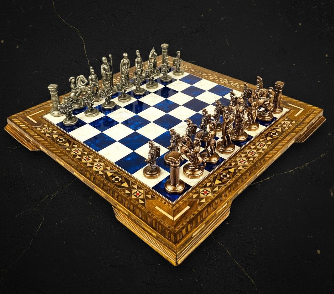 Handcrafted Roman Empire Chess Set with Inlaid Marquetry Wooden Board & Brass Pieces - 10