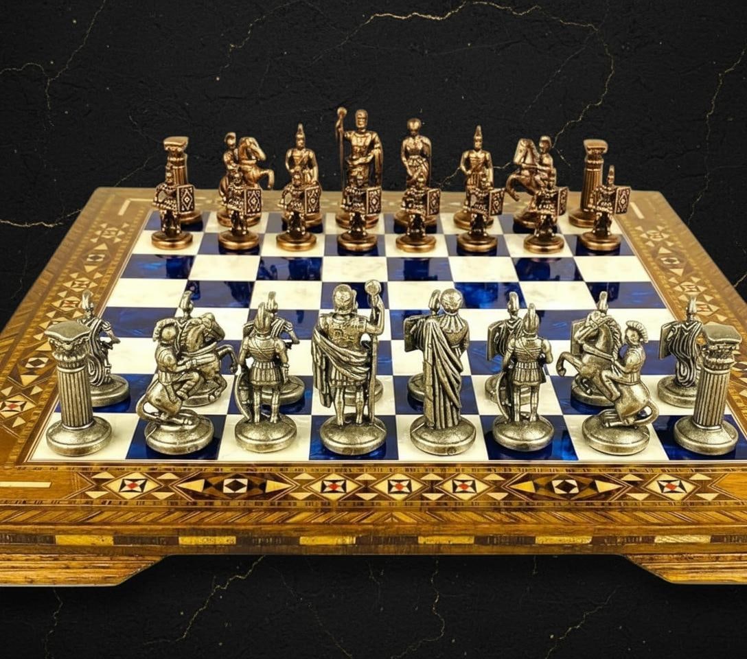 Handcrafted Roman Empire Chess Set with Inlaid Marquetry Wooden Board & Brass Pieces (1 of 10)