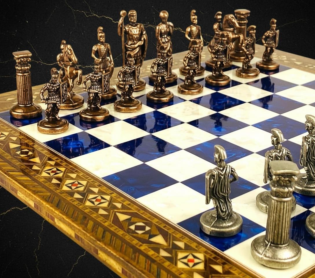 Handcrafted Roman Empire Chess Set with Inlaid Marquetry Wooden Board & Brass Pieces - 2