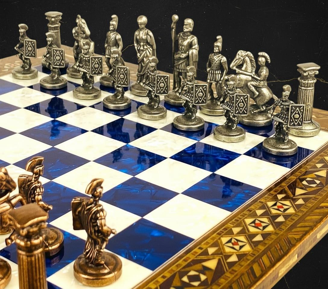 Handcrafted Roman Empire Chess Set with Inlaid Marquetry Wooden Board & Brass Pieces - 3