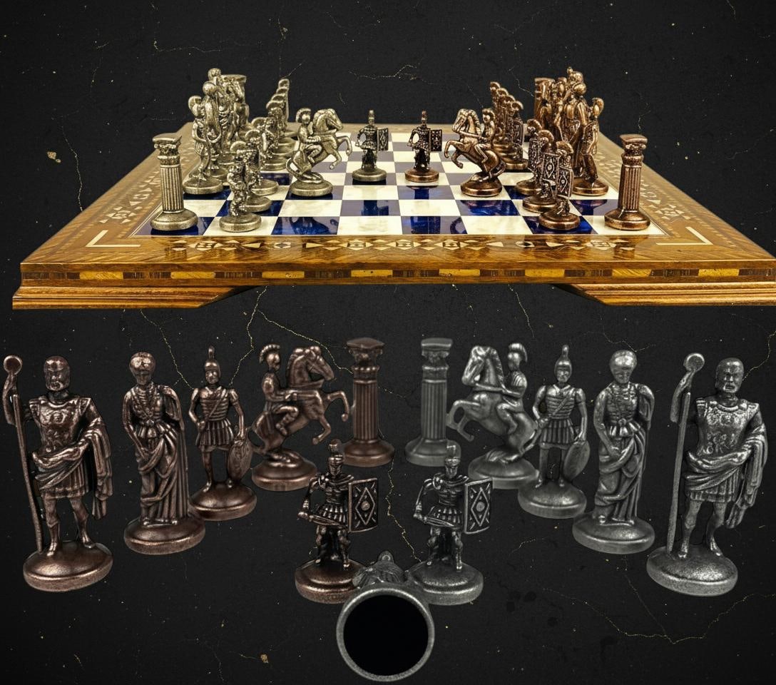 Handcrafted Roman Empire Chess Set with Inlaid Marquetry Wooden Board & Brass Pieces - 4