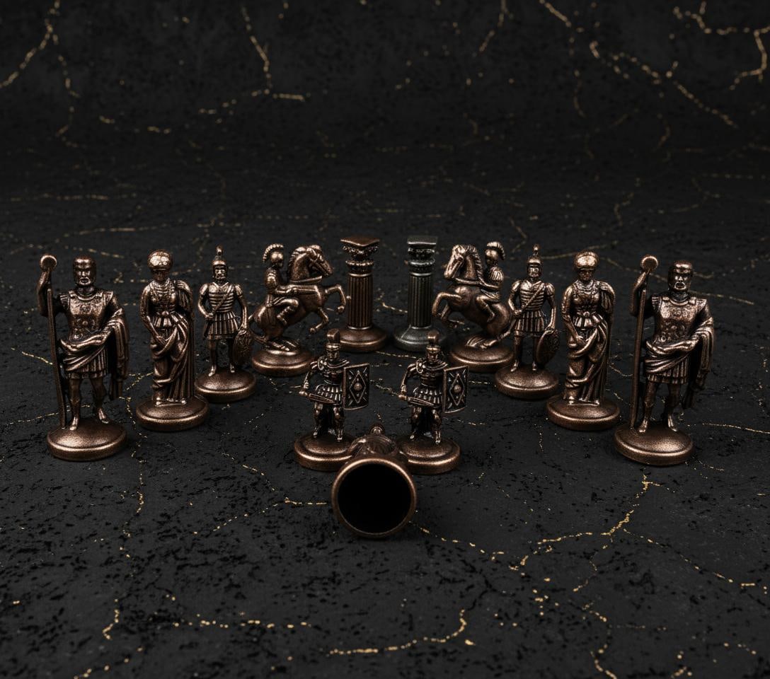 Handcrafted Roman Empire Chess Set with Inlaid Marquetry Wooden Board & Brass Pieces - 5