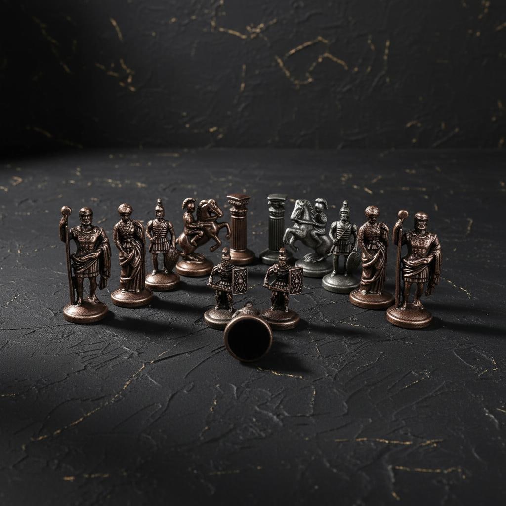 Handcrafted Roman Empire Chess Set with Inlaid Marquetry Wooden Board & Brass Pieces - 6