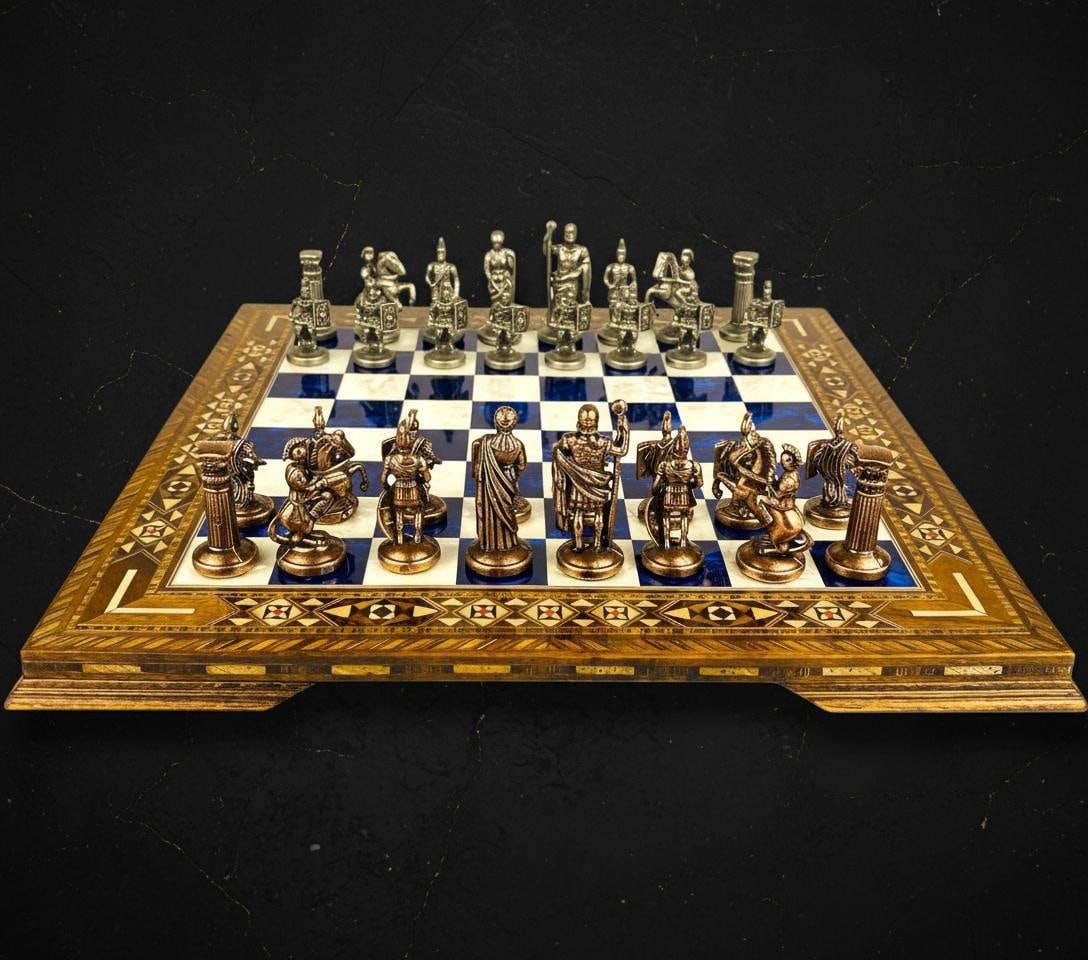 Handcrafted Roman Empire Chess Set with Inlaid Marquetry Wooden Board & Brass Pieces - 8