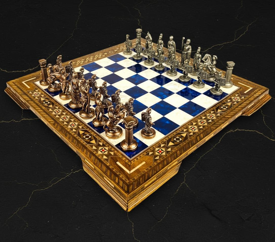 Handcrafted Roman Empire Chess Set with Inlaid Marquetry Wooden Board & Brass Pieces - 9