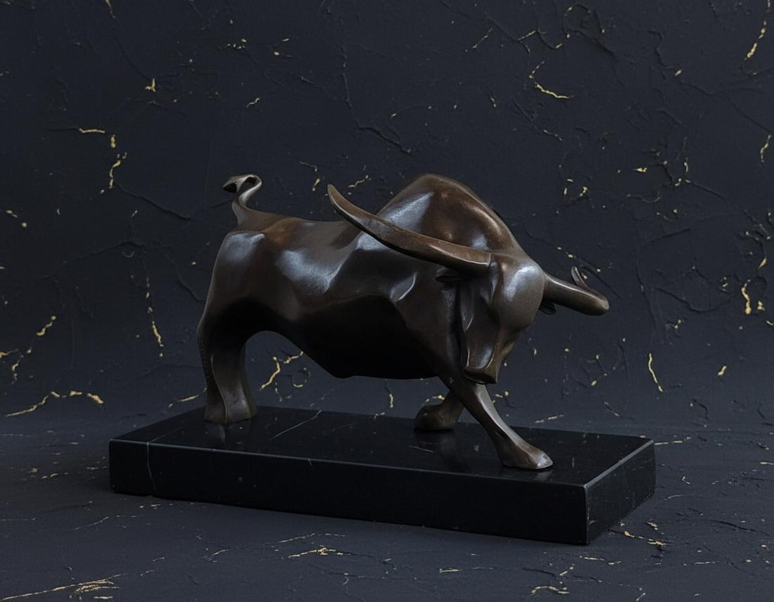 Modern Abstract Charging Bull Bronze Statue by E. Truffot Signed on Marble Base: Title:Modern Abstract Charging Bull Bronze Statue by E. Truffot Signed on Marble BaseDescription:This modern art bronze sculpture by E. Truffot captures the raw power and intensity of a charging