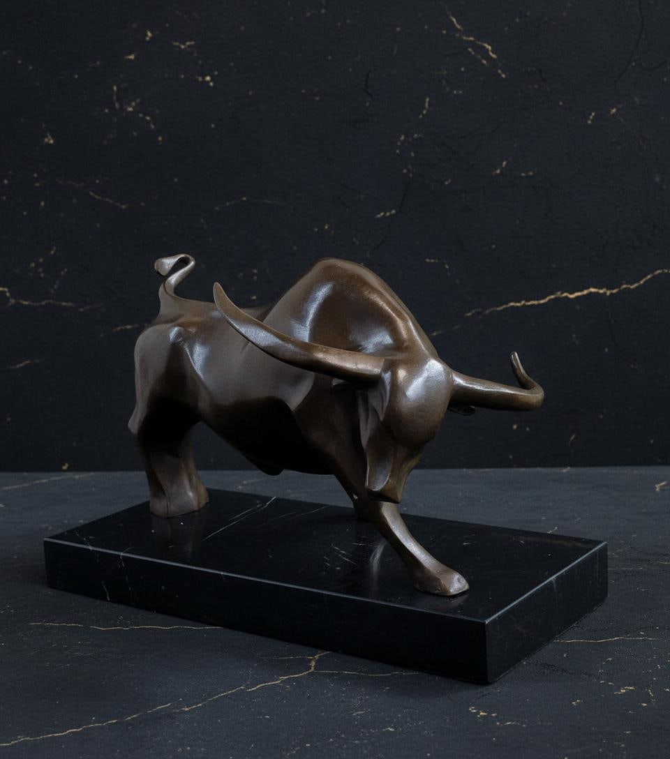 Modern Abstract Charging Bull Bronze Statue by E. Truffot Signed on Marble Base - 5