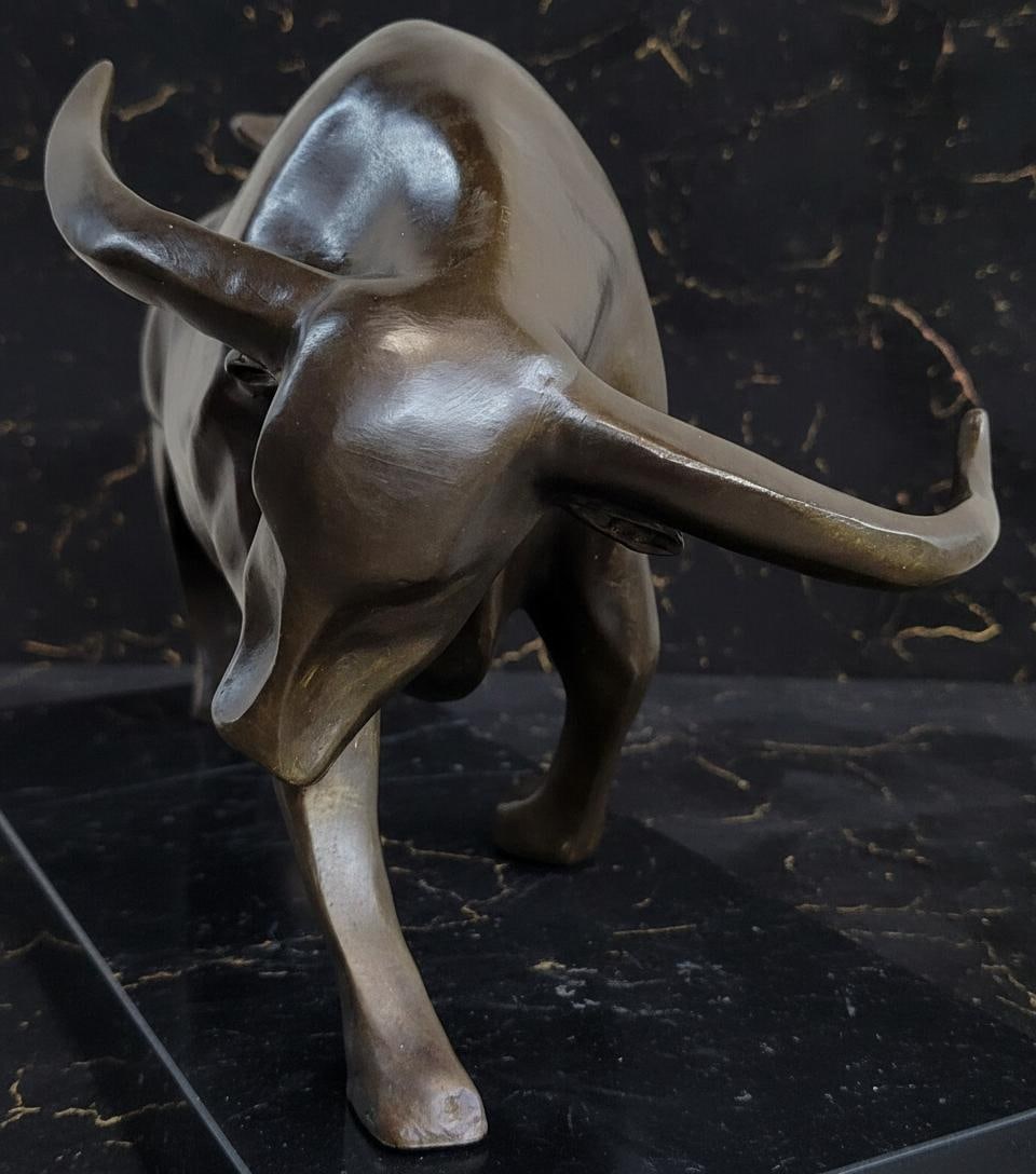 Modern Abstract Charging Bull Bronze Statue by E. Truffot Signed on Marble Base - 6