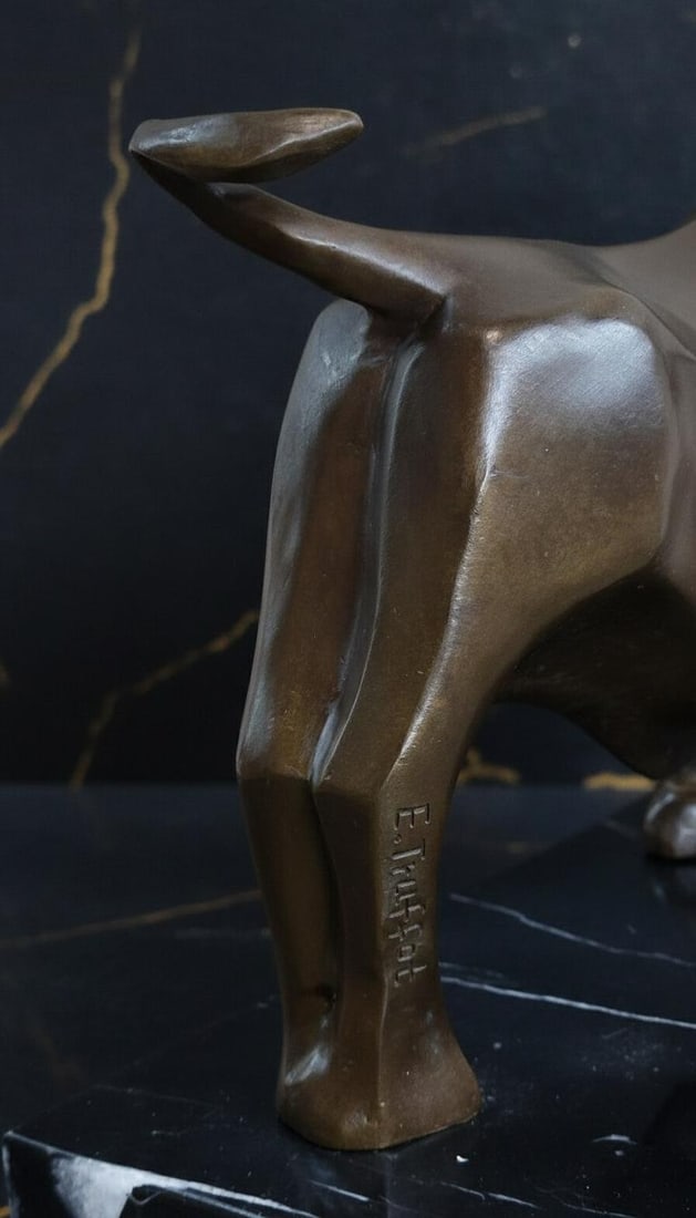 Modern Abstract Charging Bull Bronze Statue by E. Truffot Signed on Marble Base - 8