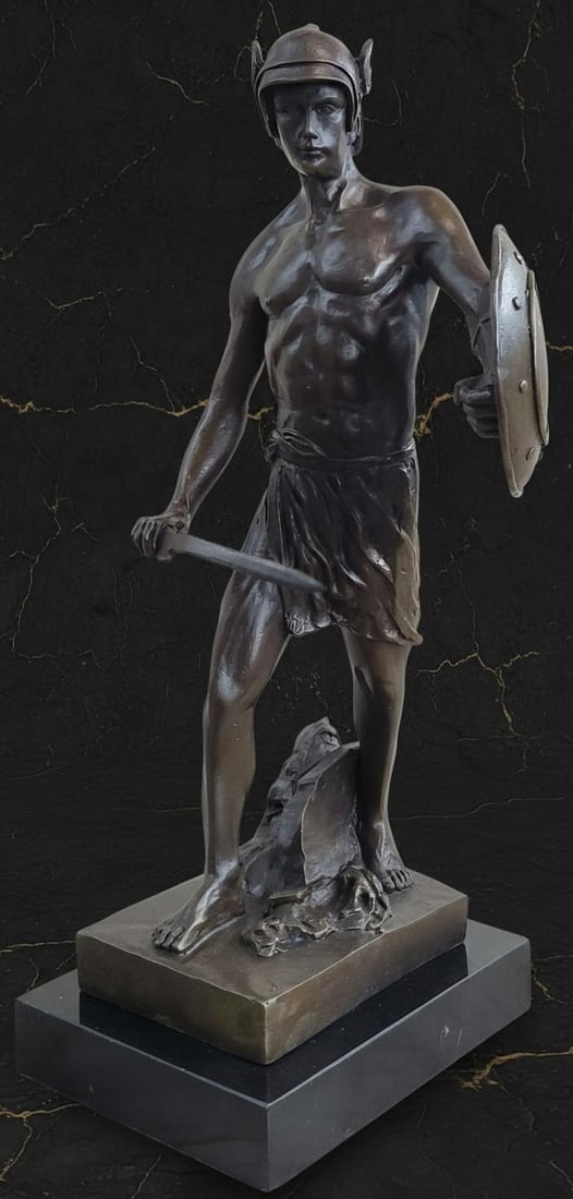 Signed J. Debut Roman Gladiator Warrior Bronze Statue on Marble Base Art Sculpture - 3