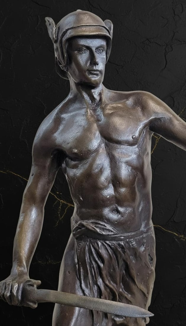 Signed J. Debut Roman Gladiator Warrior Bronze Statue on Marble Base Art Sculpture - 7