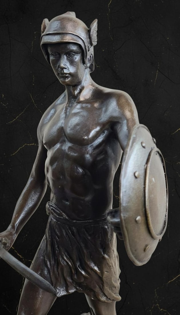 Signed J. Debut Roman Gladiator Warrior Bronze Statue on Marble Base Art Sculpture - 8