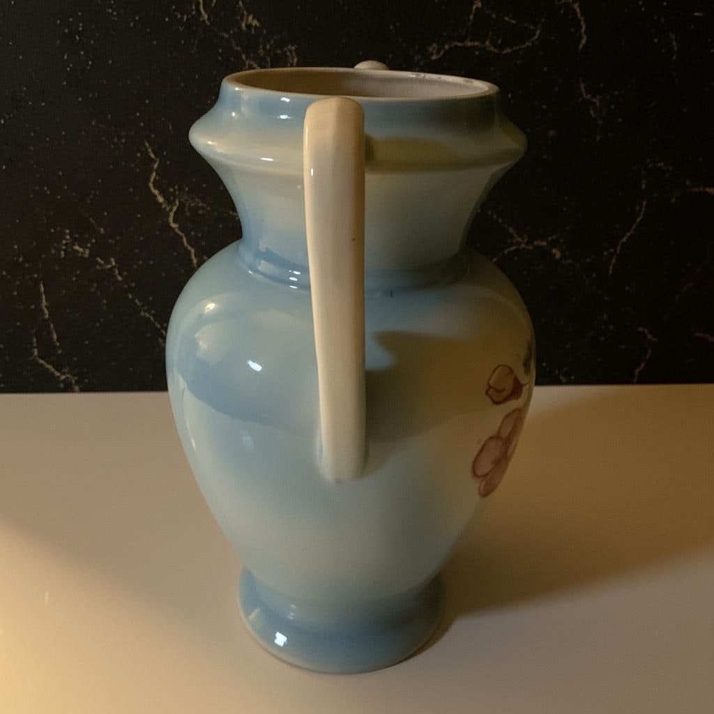 Vintage Blue Floral Vase with Double Handles - 2