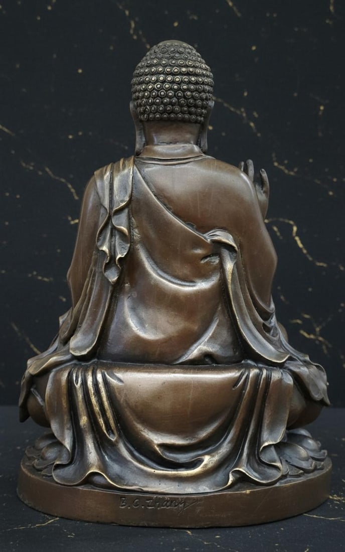 Meditating Shakyamuni Buddha Bronze Sculpture, Earth Touching Pose Signed B.C. Zhang - 4