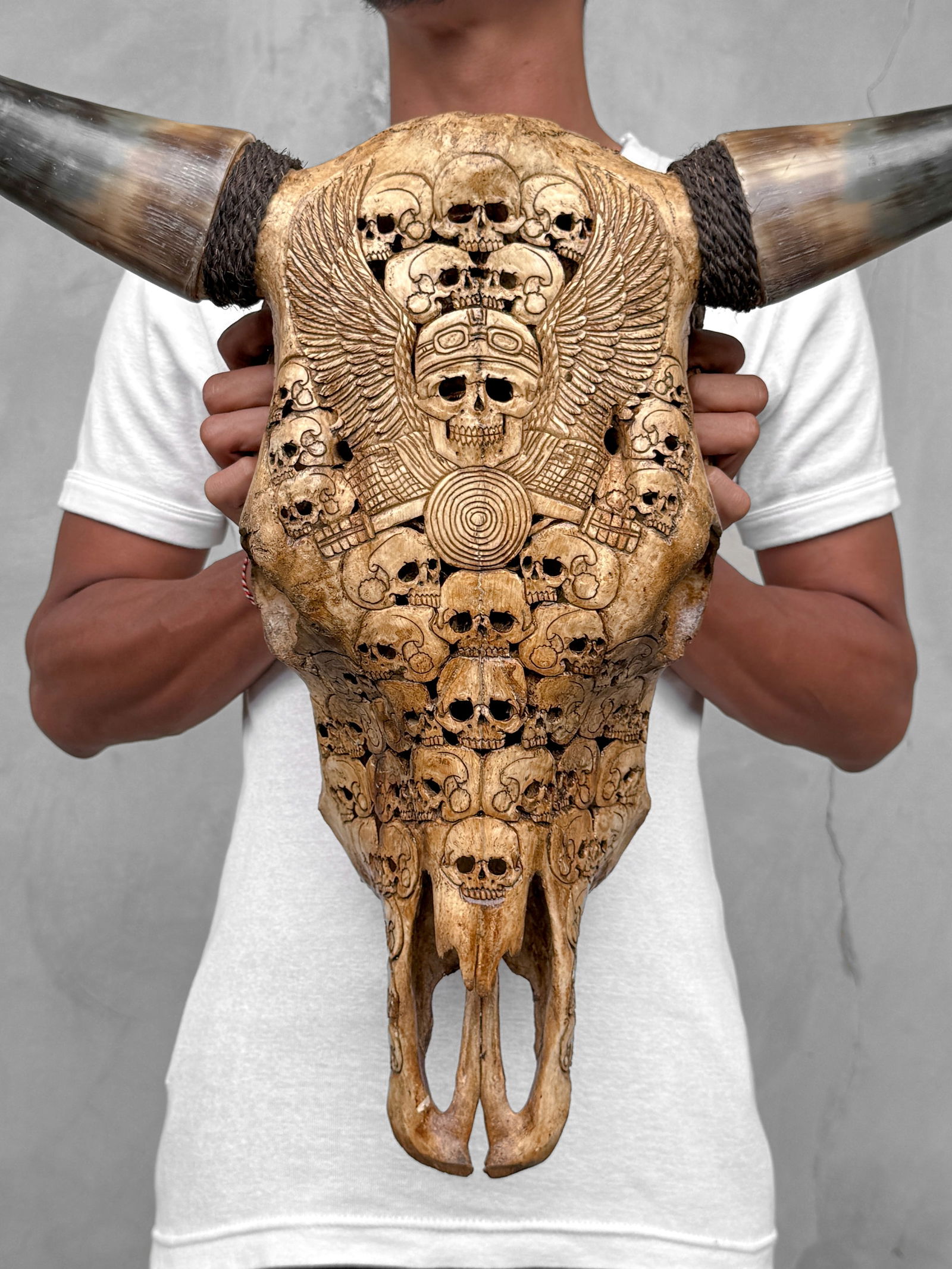 Stunning carved brown bull's skull - Human skulls biker motif (1 of 10)