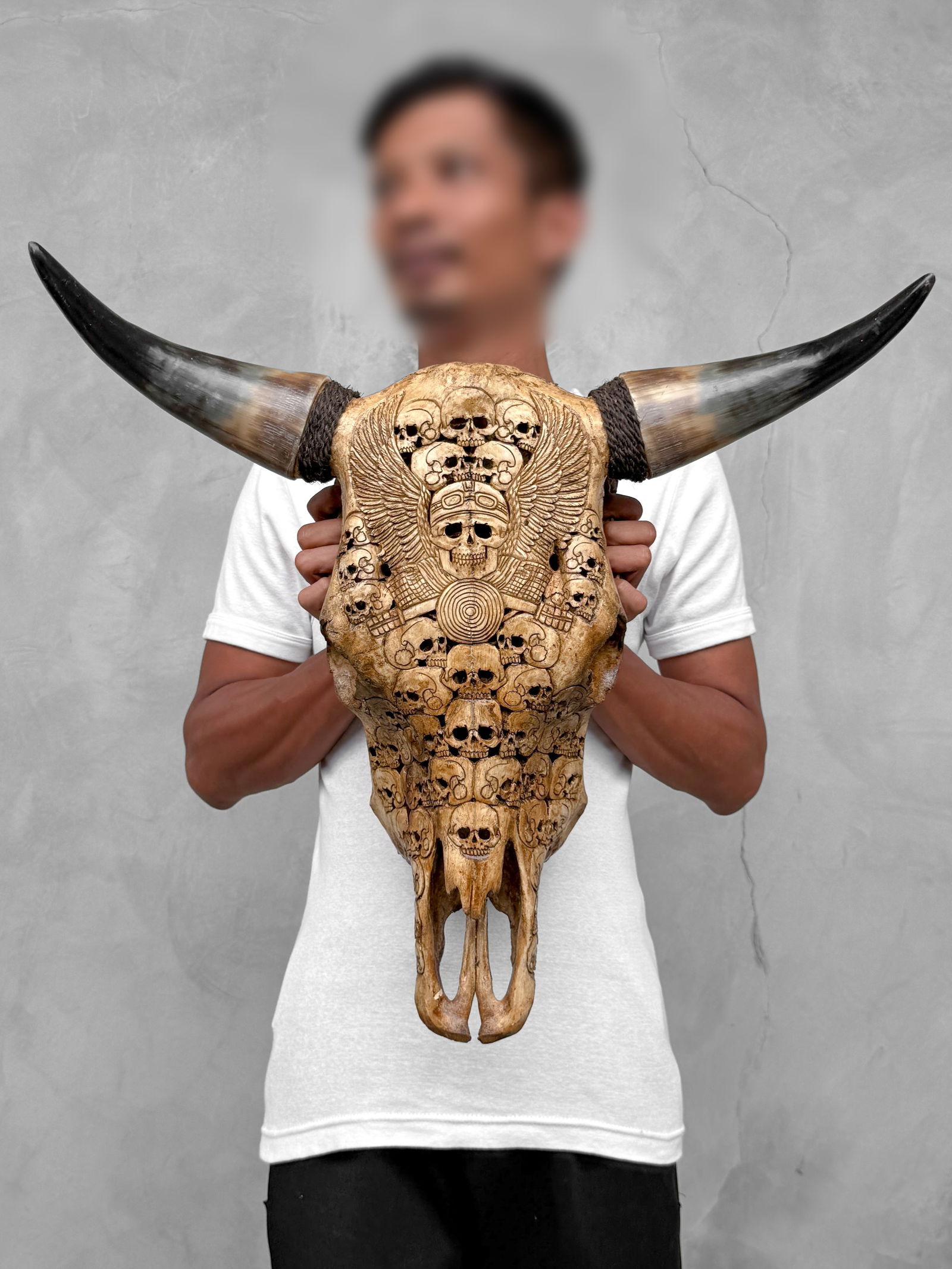 Stunning carved brown bull's skull - Human skulls biker motif - 2