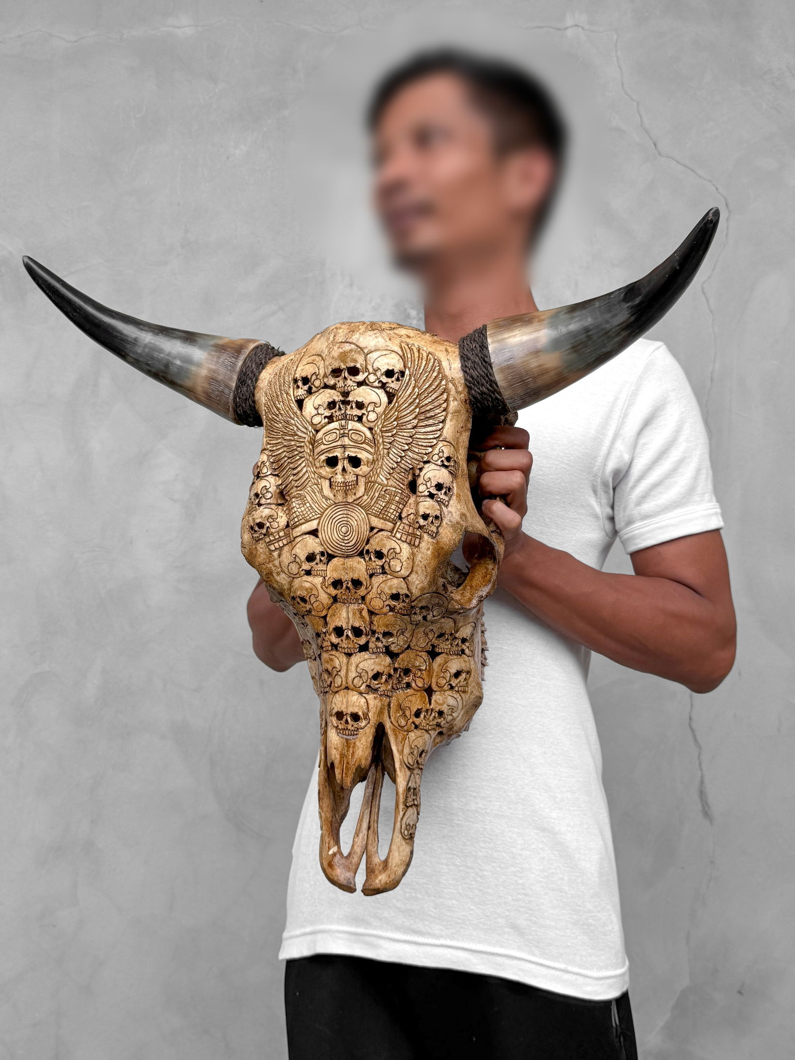 Stunning carved brown bull's skull - Human skulls biker motif - 3