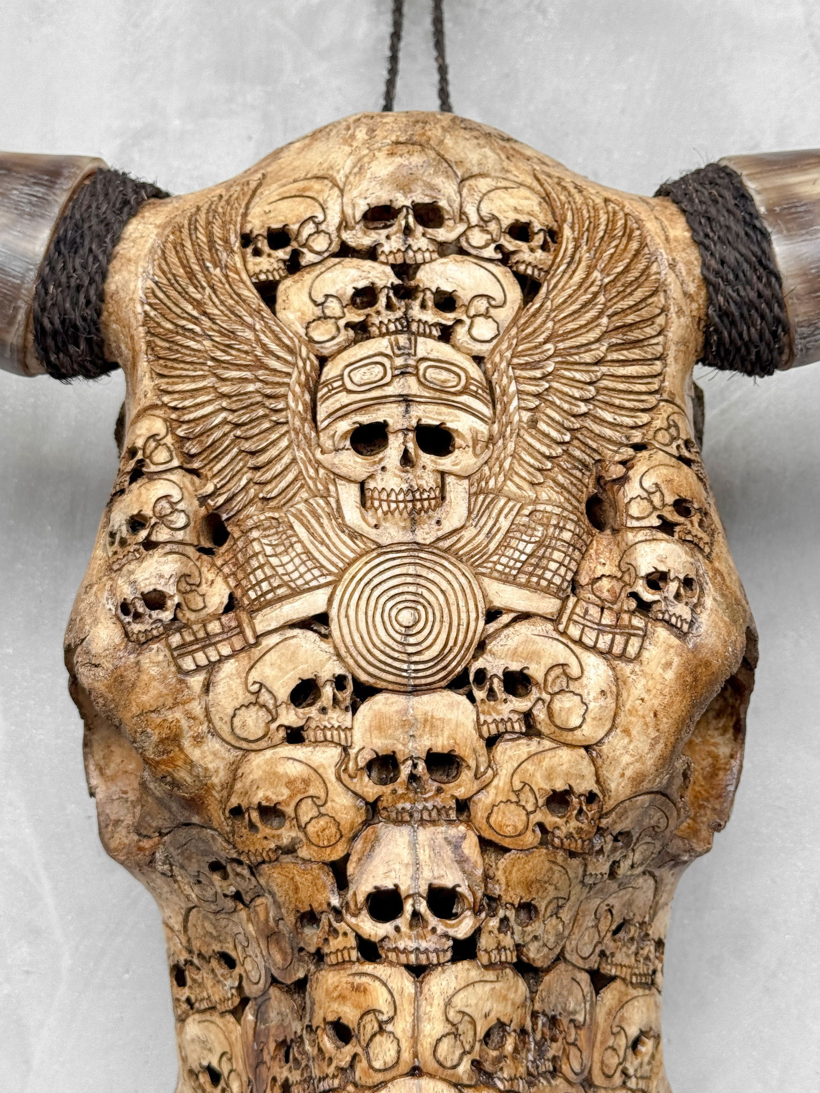 Stunning carved brown bull's skull - Human skulls biker motif - 4