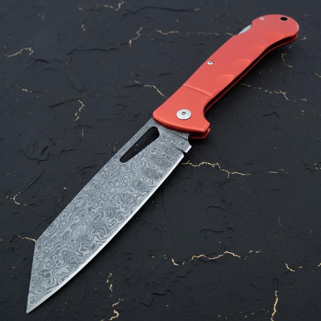 Damascus Steel Santoku Lockback Folding Knife, Rough Ryder Sous Chef Red Aluminum - 2