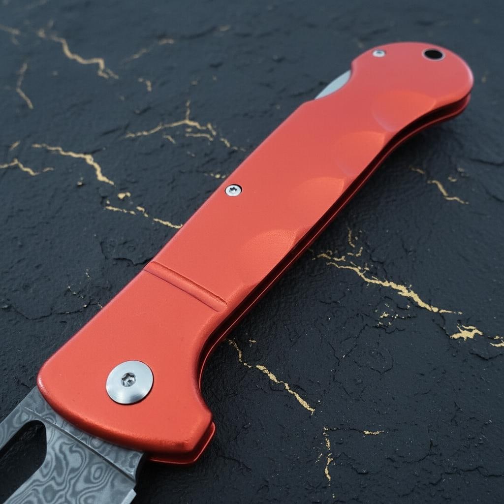 Damascus Steel Santoku Lockback Folding Knife, Rough Ryder Sous Chef Red Aluminum - 3