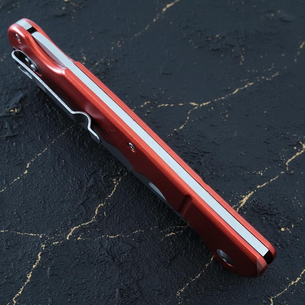 Damascus Steel Santoku Lockback Folding Knife, Rough Ryder Sous Chef Red Aluminum - 8