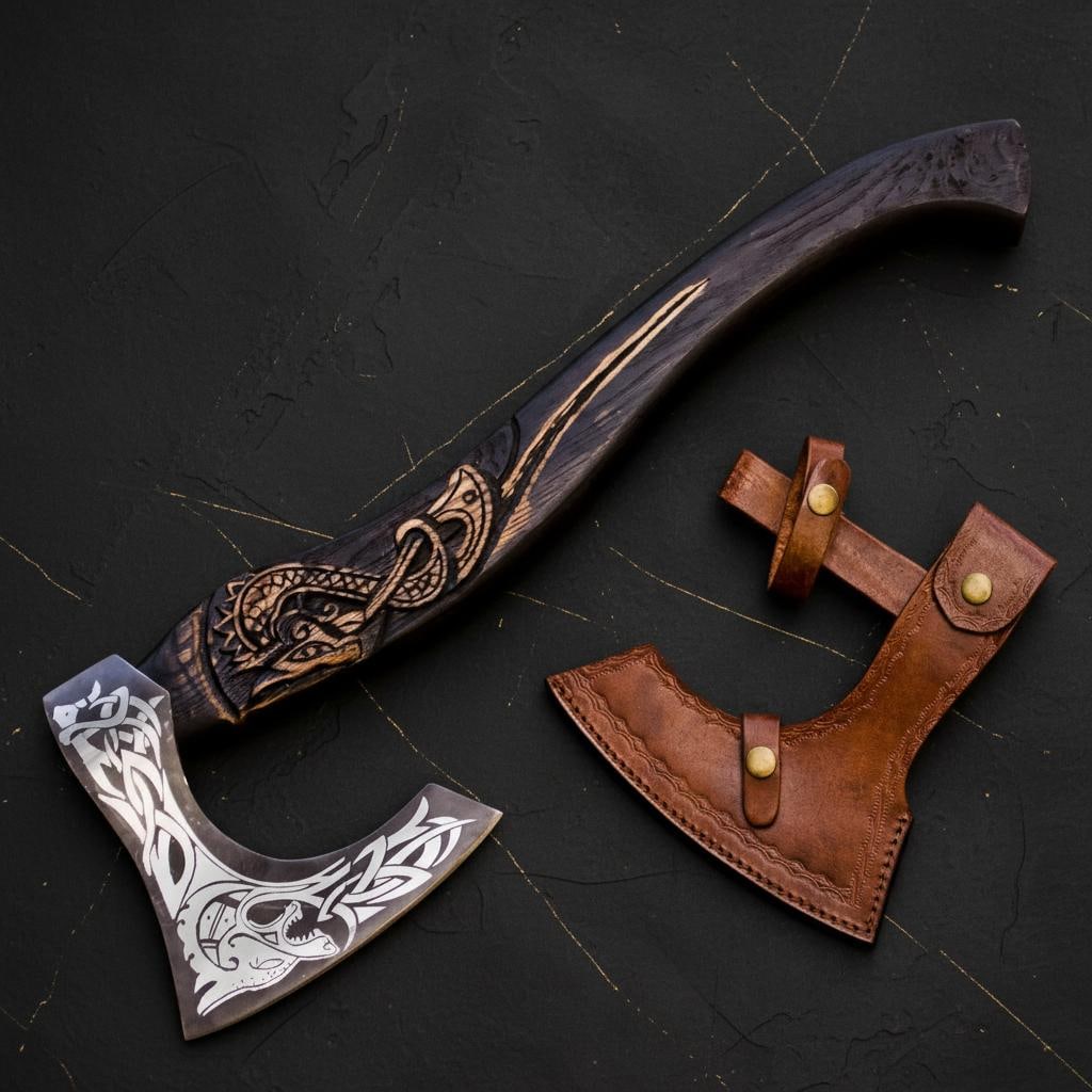 Handmade Carbon Steel Viking Axe Bearded Throwing Hatchet with Leather Sheath: Title:Handmade Carbon Steel Viking Axe Bearded Throwing Hatchet with Leather SheathDescription:This is a custom handmade Viking-style bearded axe, featuring a forged carbon steel head and an engraved