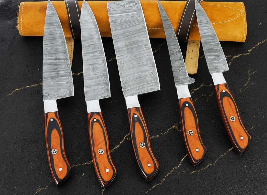 Artisan 5-Piece Damascus Steel Knife Set Hand Forged with Pakkawood Handles & Sheath: Title:Artisan 5-Piece Damascus Steel Knife Set Hand Forged with Pakkawood Handles & SheathDescription:Discover a stunning 5-piece, custom hand-forged knife set, expertly crafted for culinary