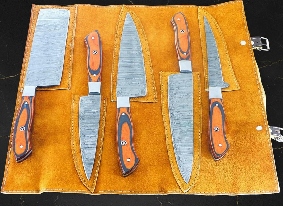 Artisan 5-Piece Damascus Steel Knife Set Hand Forged with Pakkawood Handles & Sheath - 6