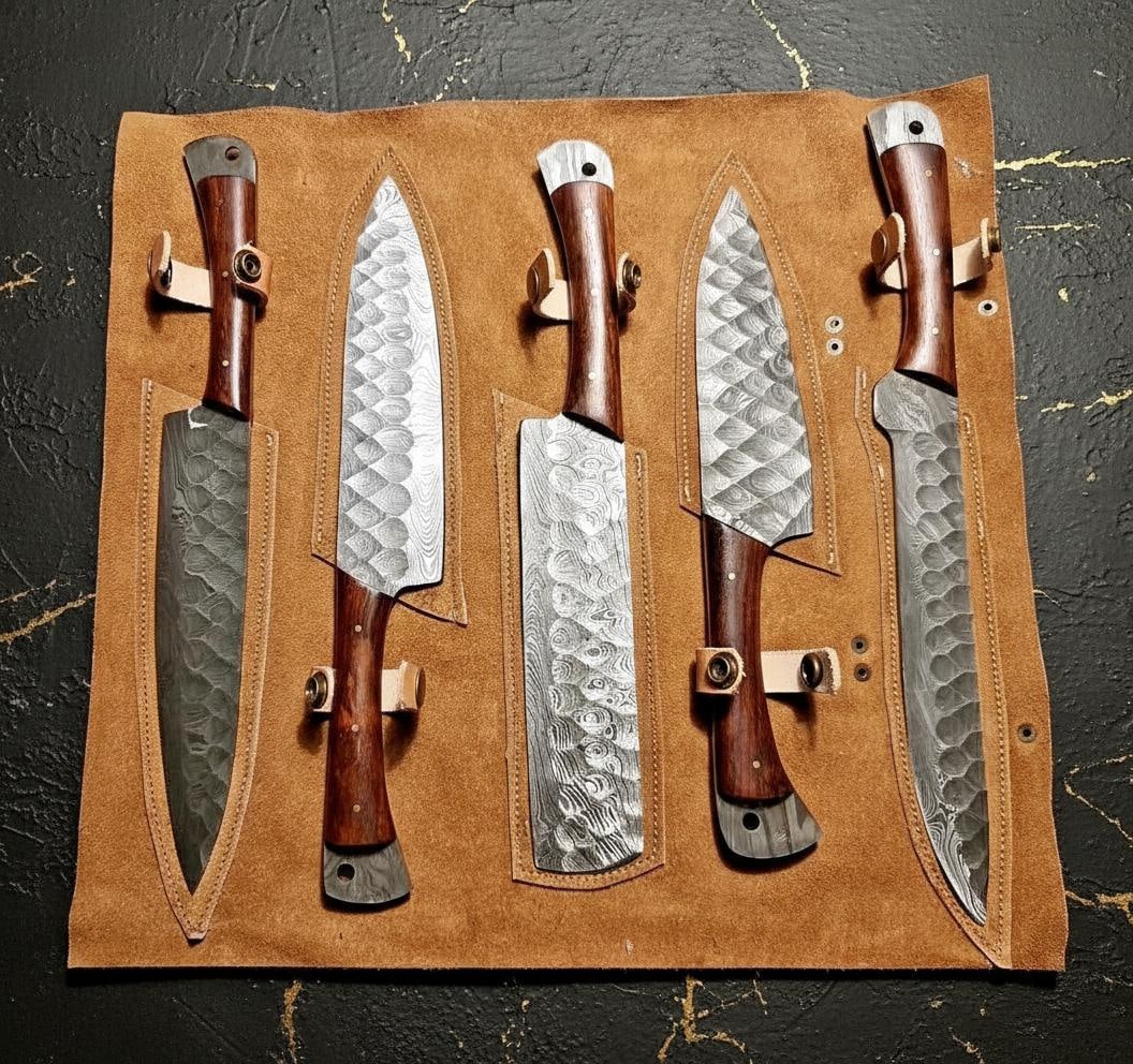 Hand Forged 5pc Kitchen Knife Set Twisted Damascus Steel with Rosewood Handles - 3