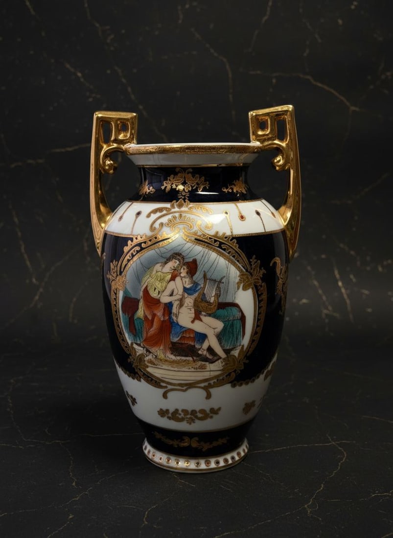 Cobalt & Gold Encrusted Vintage Vase Urn 12" Tall LF PRC Limoges Style Porcelain - 2