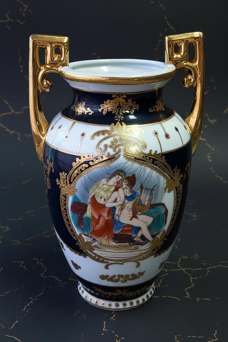 Cobalt & Gold Encrusted Vintage Vase Urn 12" Tall LF PRC Limoges Style Porcelain - 4