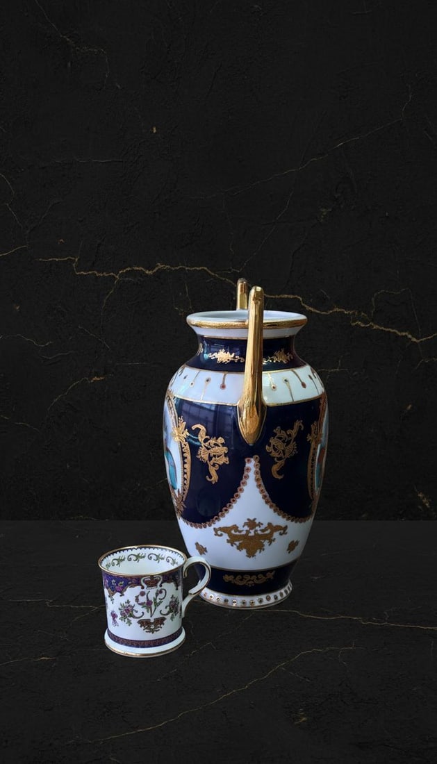 Cobalt & Gold Encrusted Vintage Vase Urn 12" Tall LF PRC Limoges Style Porcelain - 5