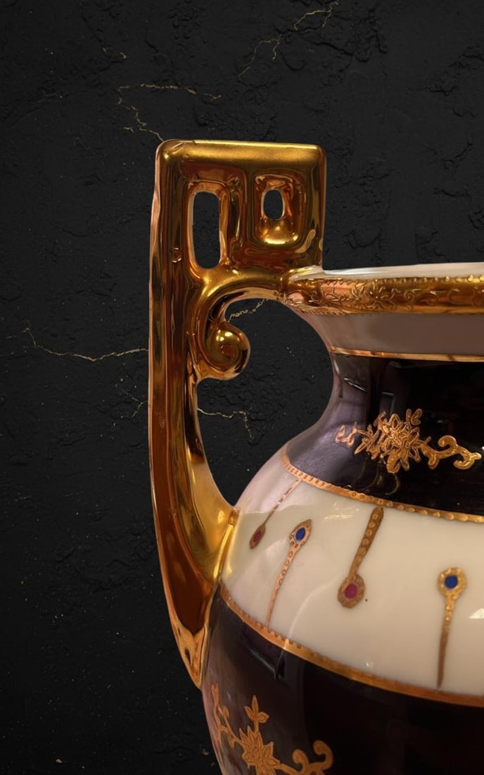 Cobalt & Gold Encrusted Vintage Vase Urn 12" Tall LF PRC Limoges Style Porcelain - 6