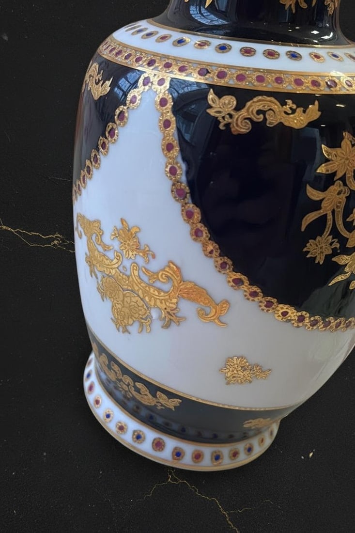 Cobalt & Gold Encrusted Vintage Vase Urn 12" Tall LF PRC Limoges Style Porcelain - 7