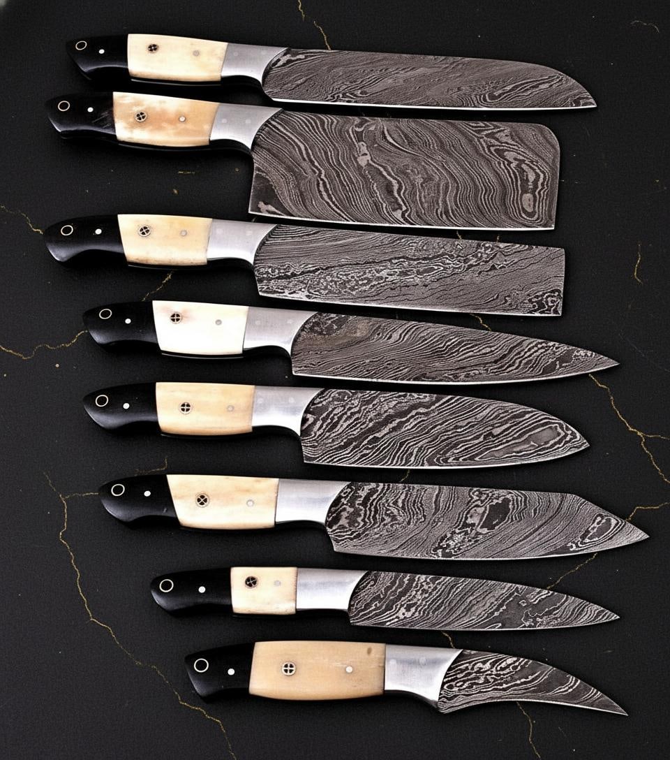 8pc Hand Forged Damascus Steel Kitchen Knife Set with Camel Bone Handles & Leather Roll - 2